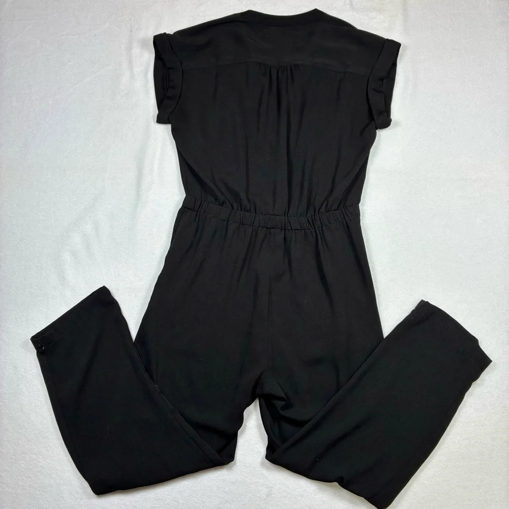 J.Crew Women jumpsuit Cuffed Camp-Shirt Small Black V-Neck Short Sleeve
